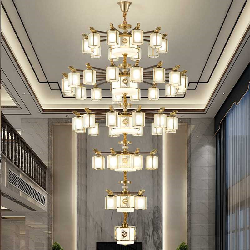 新中式复式楼客厅大吊灯全铜实木大气别墅中空挑高楼中楼梯大厅灯 - 图1