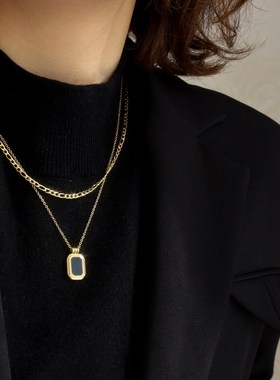 黑金法式高级感百搭有质感毛衣链黑色项链双层叠戴女钛钢不掉色