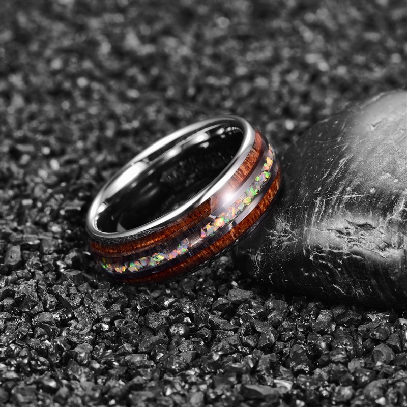 速发8mm Inlaid Wood Dome Men Tungsten Carbon Ring Opal Coupl - 图1