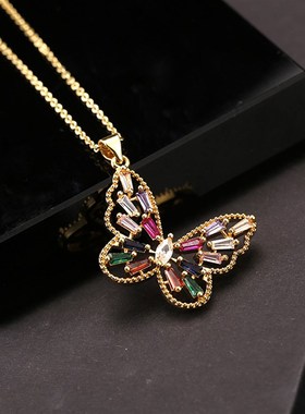 欧美饰品小众设j计彩色锆石蝴蝶锁骨链潮流韩版锆石吊坠蝴蝶项链