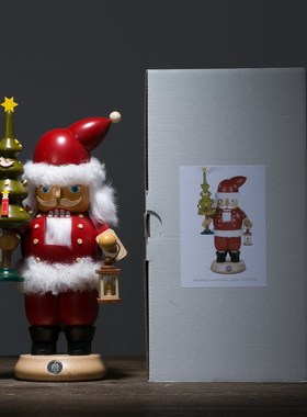 德国进口木偶手工摆件木偶胡桃夹子拿着灯和圣诞树的圣诞老人