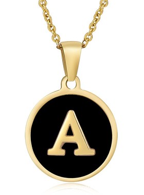 跨境欧美不锈钢彩色贝壳字母项链女外贸18K金色滴油钛Y钢字母吊坠