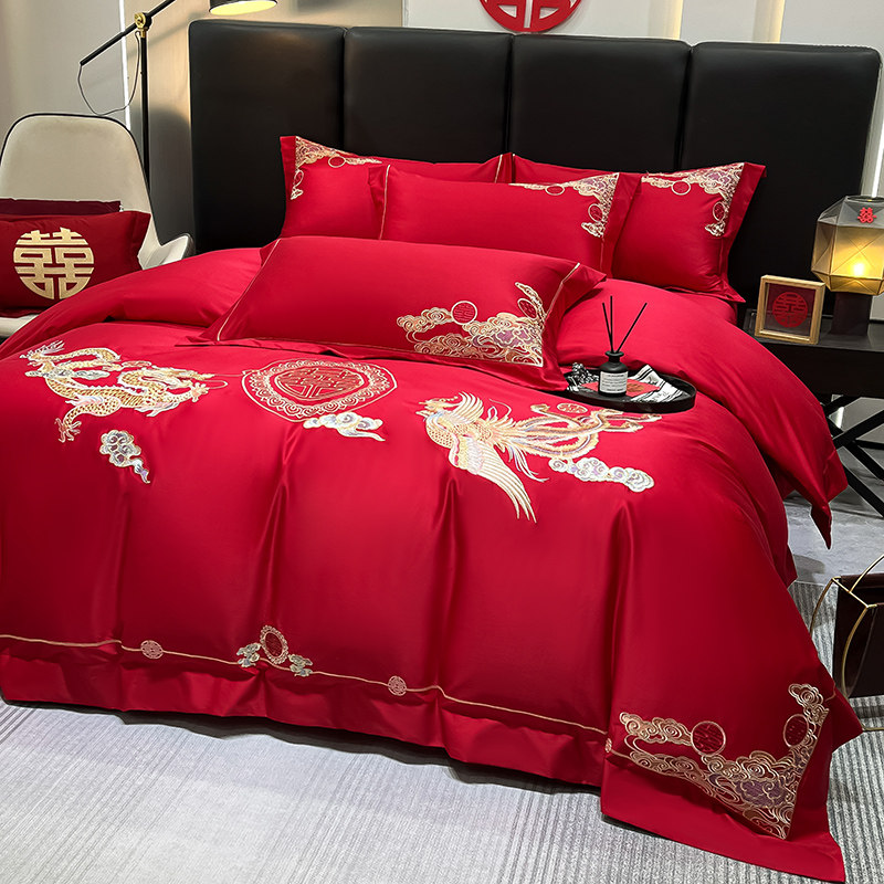 高档四件套大红色全棉龙凤结婚喜被牀单笠牀上用品新婚庆房嫁礼中,淘宝优惠券,粉丝福利购,淘宝优惠卷