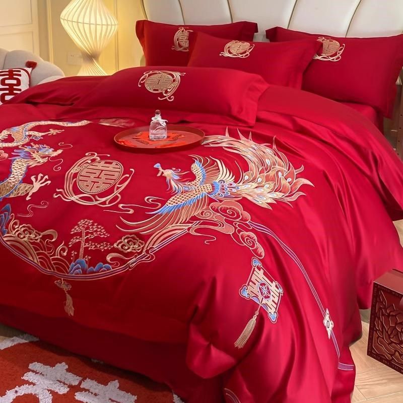 新中式龙凤刺绣结婚四件套全棉2024新款红色被套婚庆床上用品,淘宝优惠券,粉丝福利购,淘宝优惠卷