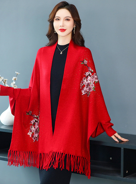 秋冬红色羊毛披肩结婚礼服妈妈配旗袍斗篷喜婆婆婚宴羊绒有袖外搭
