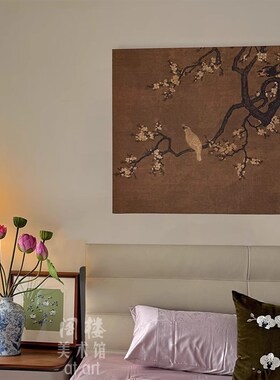 【绢丝】杏花双雉图中式中古艺术装饰画日式书房茶楼酒店民宿背景