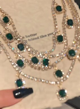 欧美重工多层祖母绿水晶宝石吊坠项链叠戴K晚宴名媛风高级感颈链