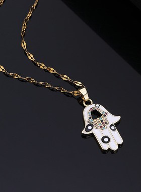 欧美跨境法蒂玛i之手项链土耳其蓝眼睛手掌吊坠微镶锆石项链颈链