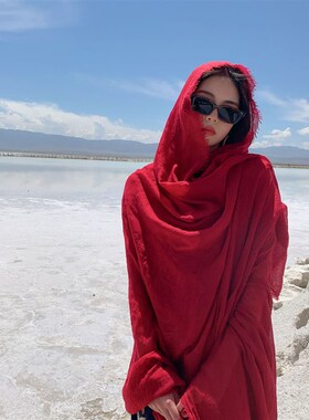沙漠旅游c拍照围巾女海边披肩民族风超大棉麻纯色丝巾春秋薄红纱
