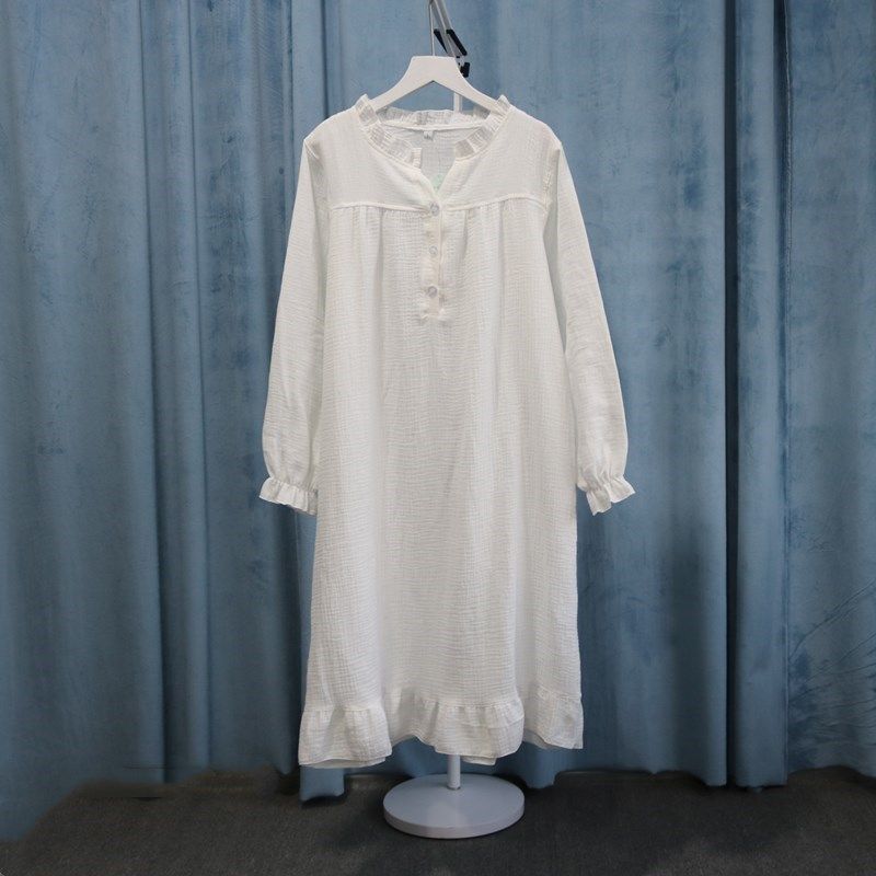 日系春夏女式全棉双层棉纱纱布长袖睡裙柔软绉纱简约纯色白色睡衣,淘宝优惠券,粉丝福利购,淘宝优惠卷