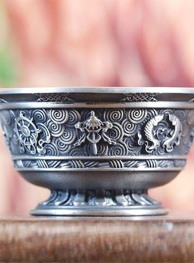 供水杯纯锡供水碗精雕八吉祥家用供奉摆件佛前供酒杯一套七个