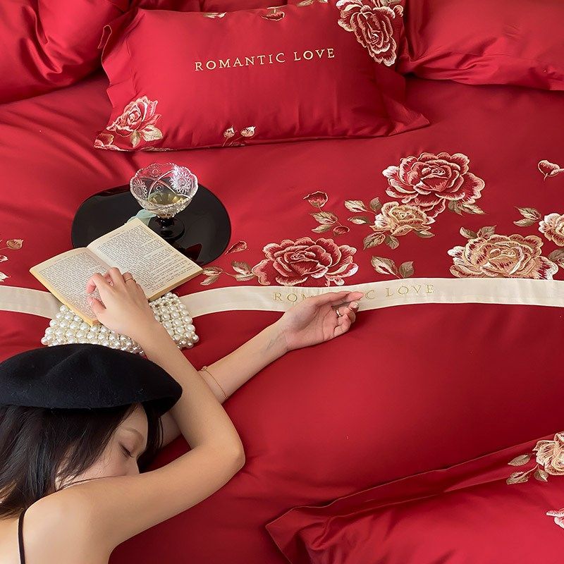 韩式婚庆高支高密长绒棉四件套浪漫花卉刺绣全棉结婚被套床上用品,淘宝优惠券,粉丝福利购,淘宝优惠卷