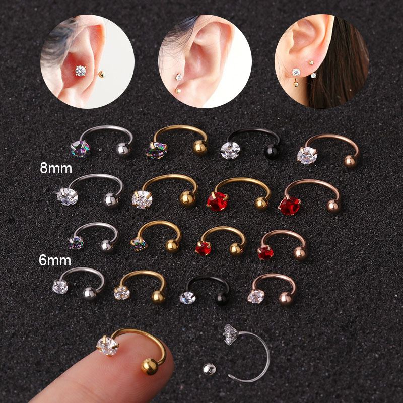 极速1pc 6/8mm Stainless Steel Zircon Cz Hoop Tragus Cartilag-图0