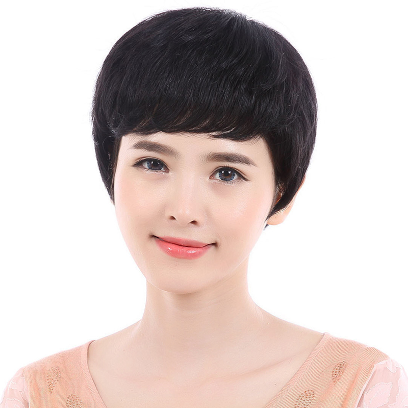 Free Shipping Middle Aged Woman With Short Hair Wig Chemotherapy Human Hair Wig Middle Aged Mom Real Hair Short Straight Hair Oblique Bangs