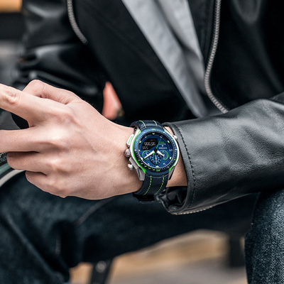 西铁城官方不锈钢间绿蓝色运动男表 西铁城中尧日韩腕表