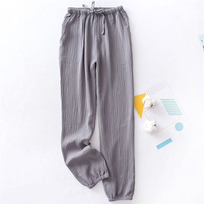 Bộ đồ ngủ nữ cotton mùa hè và vải lanh 9 điểm quần cotton vải nam và nữ cotton pyjama màu xanh hải quân rắn chân với chùm cao - Quần tây Quần tây