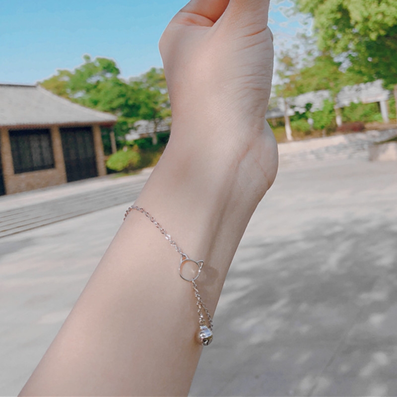 Cute small bell with tassels, fresh bracelet, accessory for students, Korean style, silver 925 sample, cat, Birthday gift