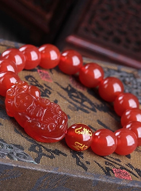 天然红玛瑙六字真言貔貅手链
