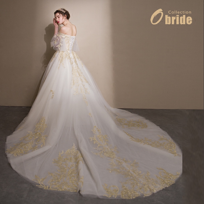 obride[玛丽]婚纱一字肩超级重工大码胖mm定制黎巴嫩大拖尾主婚纱 - 图0