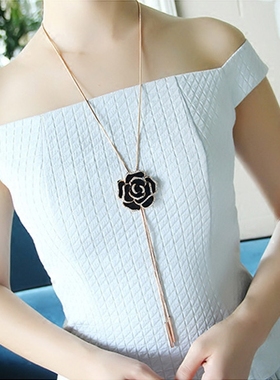 镶钻黑色长款日韩风配饰毛衣链