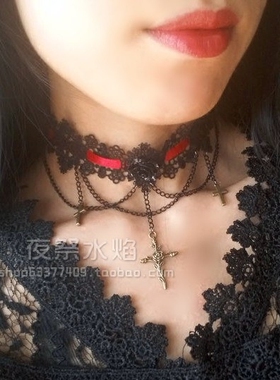 欧式复古红黑玫瑰流苏蕾丝项链