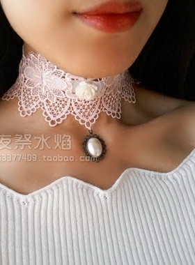 日系甜美风花朵珍珠镂空蕾丝项链
