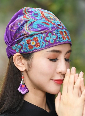 刺绣花头巾红色蓝色配饰帽子女