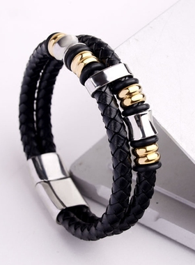 韩版牛皮手链男编织绳钛钢男士