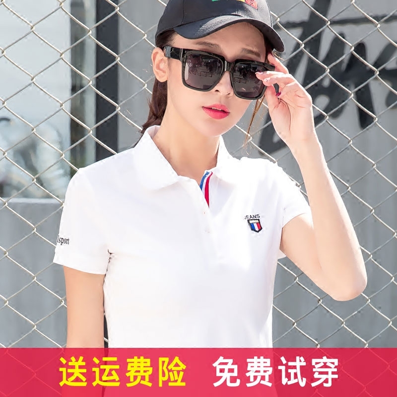 古由美旗舰店夏季翻领运动T恤女士大码纯棉短袖女新款上衣宽松体恤polo衫0