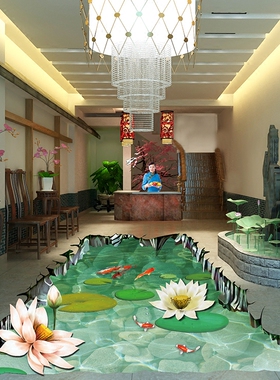 池塘荷花金鱼3d地画高清油画布UV打印制作餐厅3d立体地贴画耐踩画