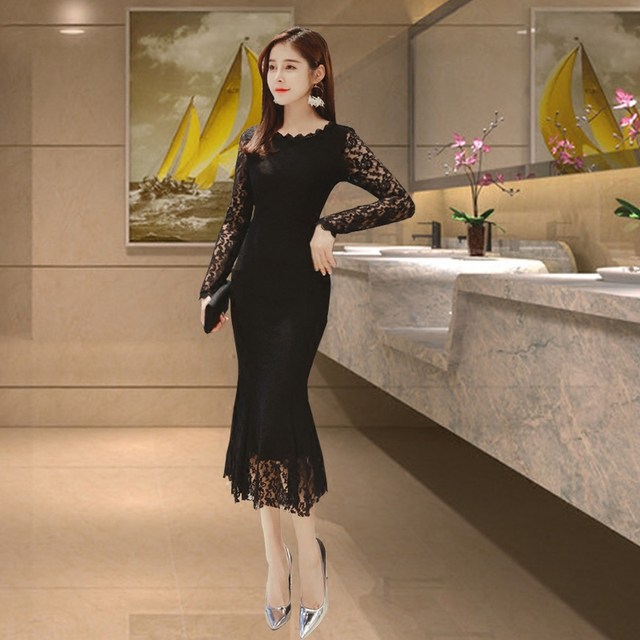 Spring lace round neck mid-length plus size hip skirt