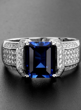 长方形蓝宝石男戒饰品潮男镀金