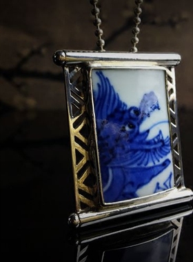 纯银青花古瓷项链坠民族风首饰品