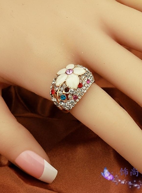 日韩风水晶镶钻百搭花朵戒指