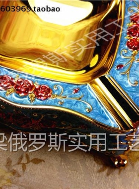 Z1特价俄罗斯锡金属烟灰缸烟缸正方形金边天蓝色红玫瑰厚重礼盒装