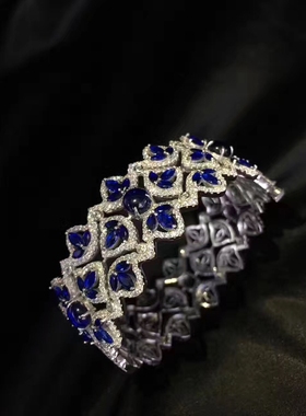 高档纯银镶嵌锆石蓝色手镯