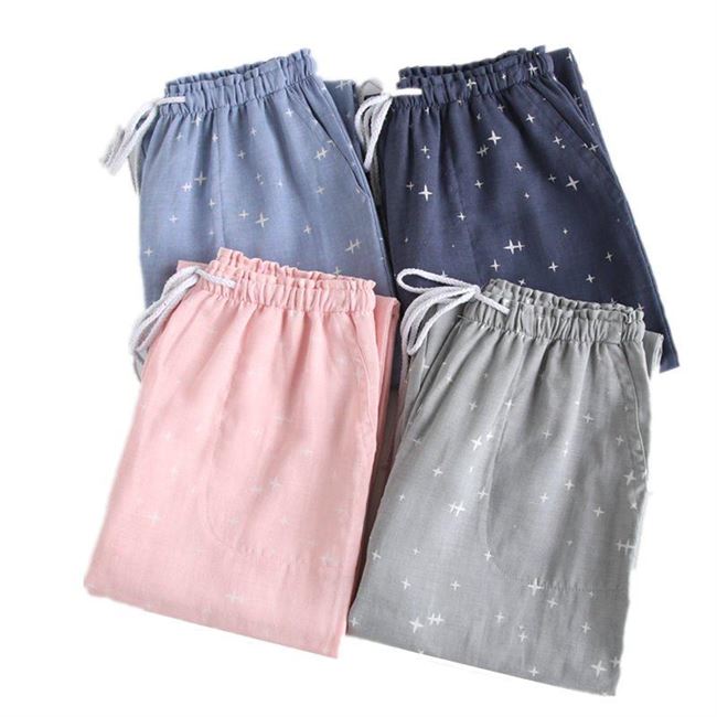 Cặp đôi quần ngủ quần nữ mùa hè cotton đôi gạc cotton lỏng và vải lanh nam dài phần nhà quần mỏng - Quần tây
