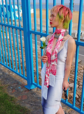 手绘镂空烂花绡白色流苏长丝巾