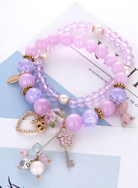 甜美风爱心钥匙串珠双层手饰品