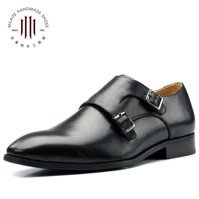 米莱特旗舰店英伦真皮鞋男士商务正装搭扣僧侣孟克男鞋复古擦色棕色套脚一脚蹬1