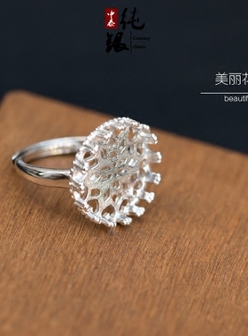 纯银戒指圆形琥珀女包邮925镶嵌