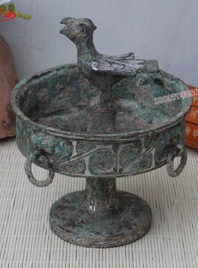 鸟柱灯盏 仿古青铜器鸟盘灯摆件古玩复古装饰四环豆脂膏小鸟盘