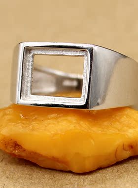 925银光面蜜蜡方形情侣戒指托