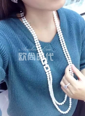 满钻几何方块长款双层淡水珍珠