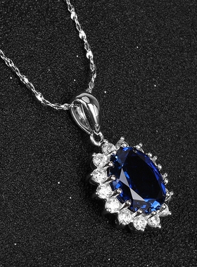 戴妃款蓝宝石女士吊坠纯银镀白金