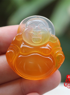 冰透蜜糖色玉髓玛瑙招财笑佛吊坠