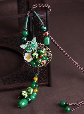 优雅绿色玛瑙蝴蝶毛衣链挂绳