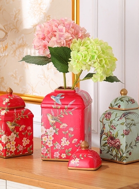 花鸟方罐样板房软装收纳家居摆件