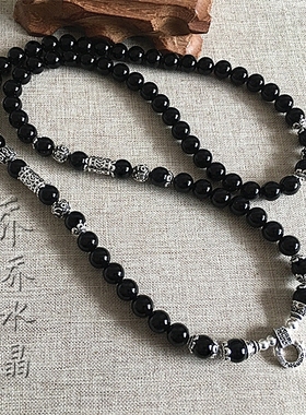 黑玛瑙水晶纯银扣六字真言挂链