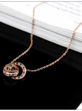 镶钻锆石双环钛钢罗马数字锁骨链